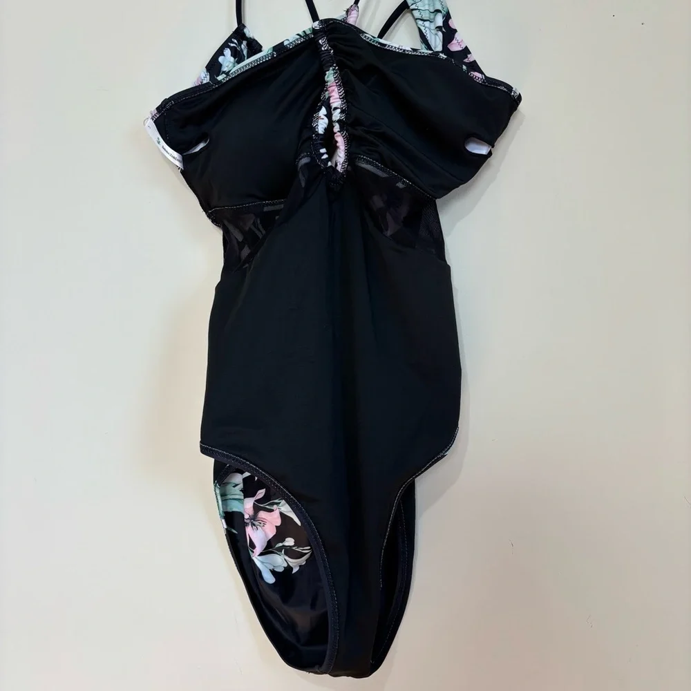 beachsissi Mesh waist adjustable strap pink blue floral black One Piece Swimwear